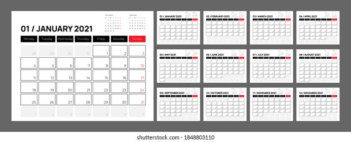 Diseño de vectores simples para el calendario 2021 