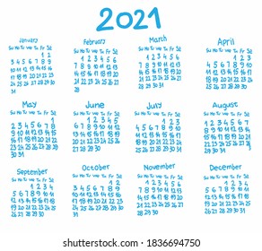 2021 calendar. Sketch style drawing.