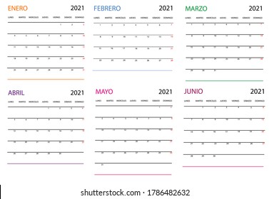 2021 Calendar. Calendar in Spanish. Design with blank cells for organization.The week starts on Monday.Translation: Enero-January, Febrero-February,Marzo-March,Abril-April,Mayo-May,Junio-June