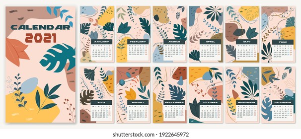 2021 calendar template with abstract leaf pattern