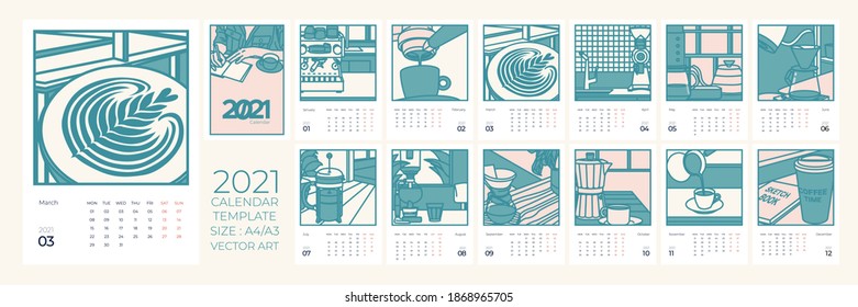 2021 calendar template. It's coffee time. Set of 12 months of 2021 pages.