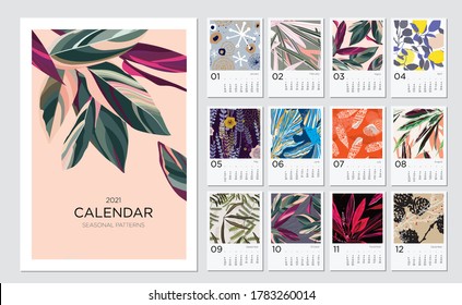 2021 calendar template. Calendar concept design with abstract natural patterns. Set of 12 months 2021 pages. Vector illustration