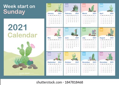 plantilla de calendario 2021. Diseño conceptual de calendario con patrones naturales de cactus. Conjunto de 12 meses 2021 páginas