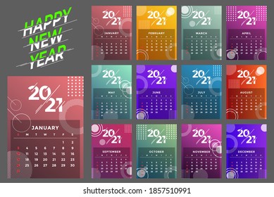 2021 calendar template. Calendar concept design with abstract gradient colors. Set of 12 months 2021 pages. Vector illustration