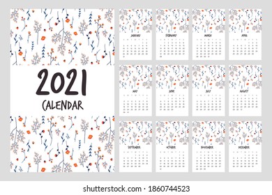 Kalendervorlage 2021 Calendar Konzept Design mit abstrakten natürlichen Mustern. Set von 12 Monaten 2021 Seiten. Vektorgrafik