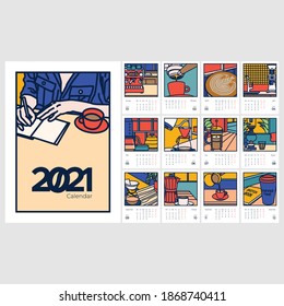 2021 calendar template. Calendar concept design with contemporary art based on coffee addict. Set of 12 months 2021 pages. Vector illustration.