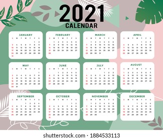 2021 calendar template. Calendar concept design with abstract natural pattern. Vector illustration