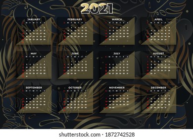 2021 calendar template. illustration vector with palm leaves on dark background.