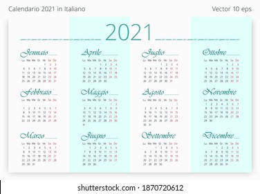 2021 Calendar template in Italian. 12 months. Horizontal Simple and clean design. Stock vector