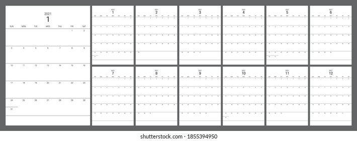 2021 Calendar Template. Minimalist style diary design firm and business calendar 2021 calendar, Week Starts Sunday. Monthly schedule for design printing on minimum table event planner.