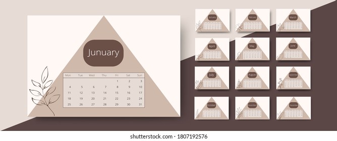 plantilla de calendario 2021. Plantillas de calendario minimalista en colores pastel con hojas. Páginas de calendario editables