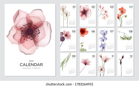 Шаблон календаря на 2021 год на ботаническую тему. Концепция дизайна календаря с абстрактными сезонными цветами. Набор страниц за 12 месяцев 2021 года. Векторная иллюстрация
