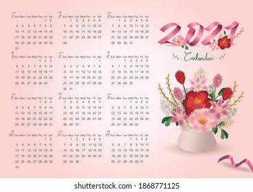 2021 calendar template on a flower theme. Calendar design concept with beautiful flowers. 