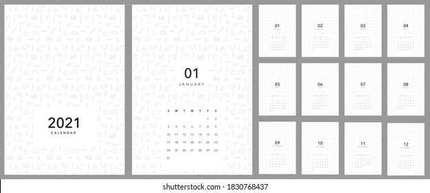 2021 calendar template on a simple study creative theme. Calendar design concept with  simple minimal and geometric study background . Set of 12 months 2021 pages. Vector illustration
