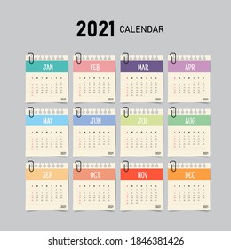2021 calendar template with paper note style. 