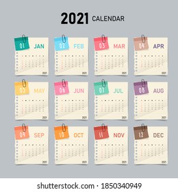 plantilla de calendario 2021 con estilo de nota en papel. 