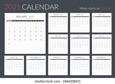 2021 Calendar template, planner, 12 pages, week starts on Sunday, vector eps10 illustration