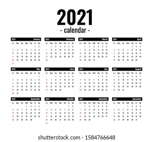 2021 calendar template to production. Black and white full year, holidays in red, week starts from sunday. Simple isolated illustration on white background. Flat style. Vector stock image