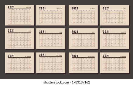 2021 calendar template retro vintage set