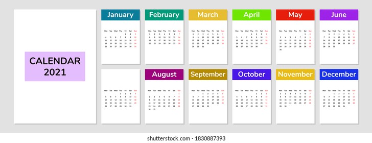 2021 calendar template. Calendar sheets with different colors. Vector illustration. Minimalism.