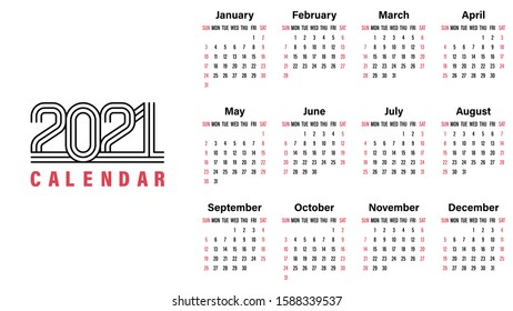 2021 Calendar template vector illustration simple design week starts on Sunday indicate weekends with red