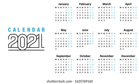 2021 Calendar template vector illustration simple design week starts on Sunday indicate weekends with blue