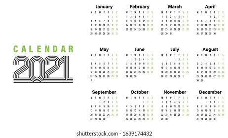 2021 Calendar template vector illustration simple design week starts on Sunday indicate weekends with green