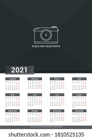 2021 Calendar template, week starts on Monday, a3 size, place for your photo, vector eps10 illustration