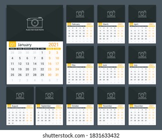 2021 Calendar template, week starts on Monday, a3 size, place for your photo, vector eps10 illustration