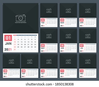 2021 Calendar template, week starts on Monday, a3 size, place for your photo, vector eps10 illustration