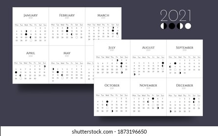 2021 calendar template in white and black color with moon phases