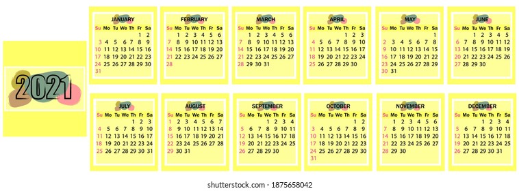 2021 calendar template,planner diary.Week start on Sunday Set of 12 months.Concept, vector editable calendar page template. Vector abstract artistic illustrationin gray and yellow colors.