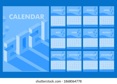 2021 Calendar Templates with blue color flat designs,cute,and trendy
