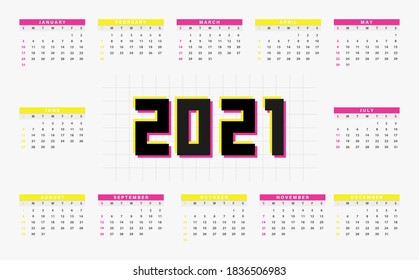 2021 calendar vector design. Dynamic, split-color, shadow of  number pink and yellow  