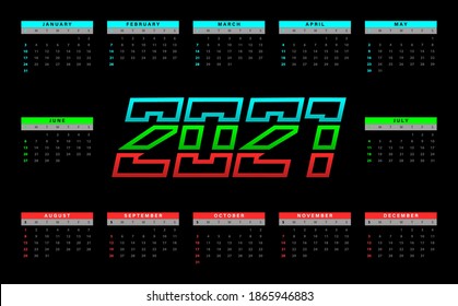 2021 calendar vector design. Red, green, blue color circular style 