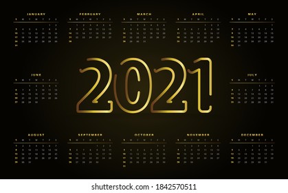 2021 calendar vector design.Modern and elegant golden gradient.  Luxury, elegant style design