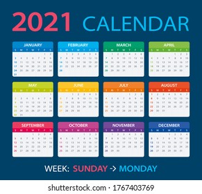 2021 Calendar - vector illustration, Sunday to Monday