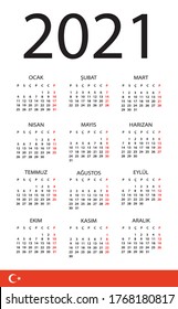 2021 Calendar - vector template graphic illustration - Turkish version