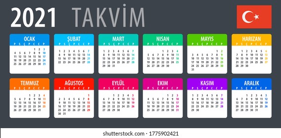 Calendario 2021 - ilustración gráfica de plantilla vectorial - versión turca