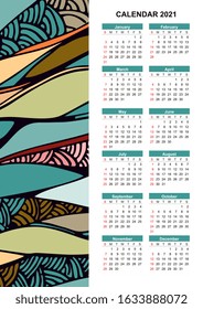 2021 Calendar. Vector template with hand drawn abstract wavy pattern. 