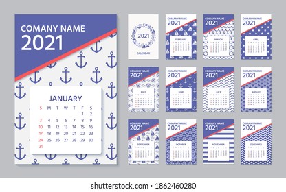 2021 Calendar. Vector. Week starts Sunday. Calender layout. Yearly organizer with 12 month. Wall year template in nautical, marine style. Portrait vertical orientation, English. Navy blue illustration