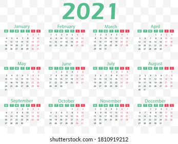 2021 calendar, week start monday. Vector illustration.