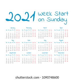 2021 Calendar. Week start on sunday