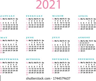 2021 calendar. Week start on monday horizontal design element for web, for print