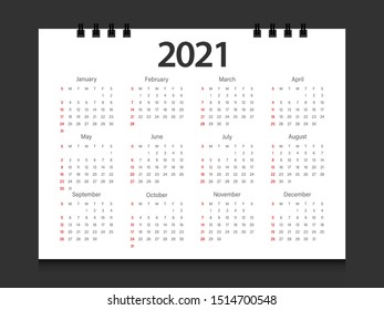 2021 calendar. Week start Sunday corporate design template vector.
