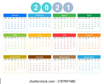 2021 calendar, week starts Monday. Vector illustration, flat design.