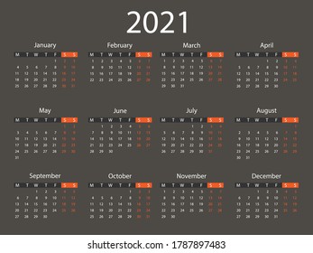 2021 calendar, week starts Monday. Vector illustration, flat design.