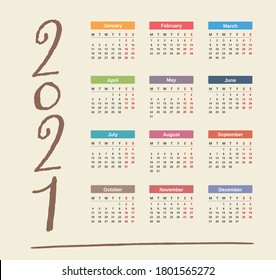2021 Calendar, week starts on Monday, vector eps10 illustration