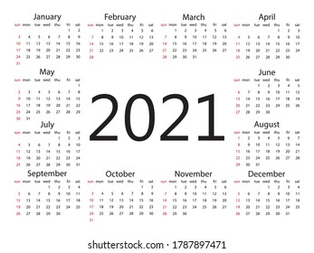 2021 calendar, week starts Sunday. Vector illustration, flat design.