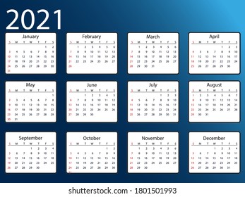 2021 calendar, week starts Sunday. Vector illustration, flat design.